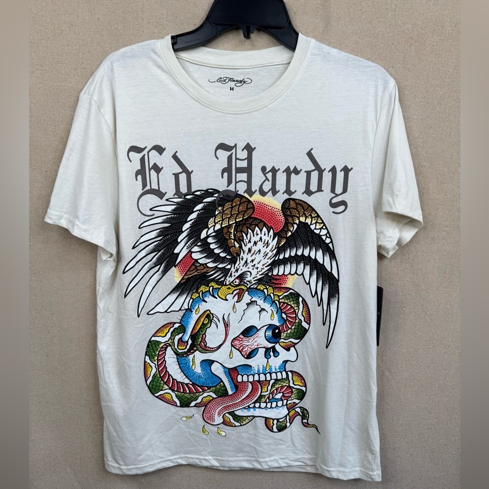 Ed Hardy Men's Rhinestone Skull Eagle Graphic Tee Size M in Stone New